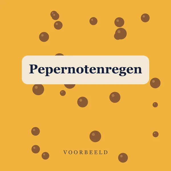 Uit één dikke wolk regent het pepernoten boven een rij vrolijke huisjes, en een kind in een gele regenjas vangt ze op in een omgekeerde paraplu.